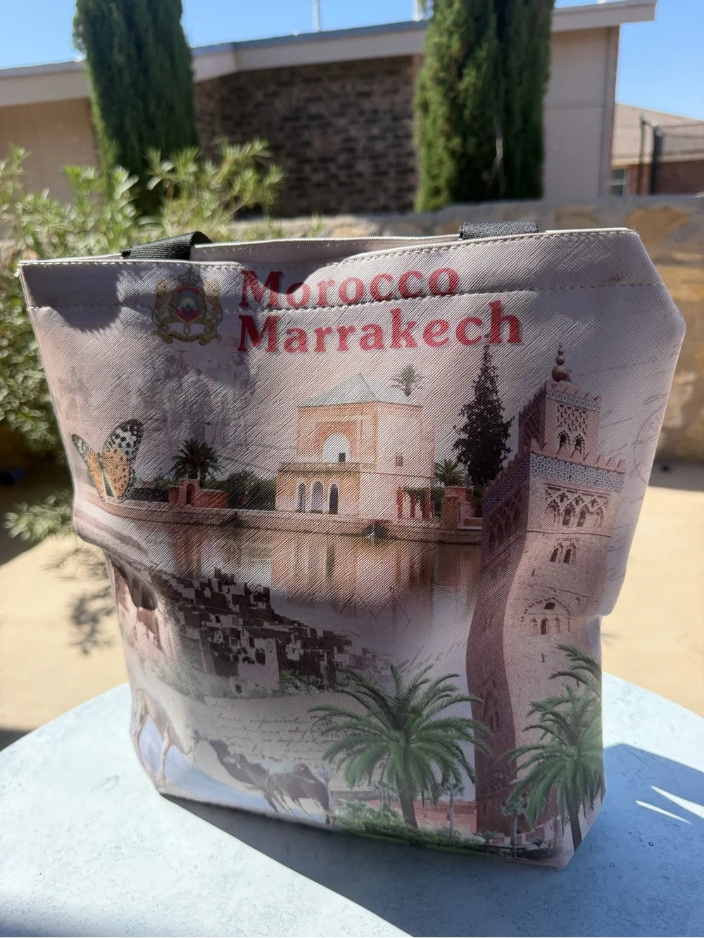 Morocco Marrakech Printed Canvas Tote Bag - Beige & Brown